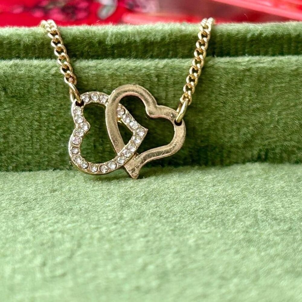 Gold Tone Interlocking Heart Rhinestone Necklace - Picture 8 of 8